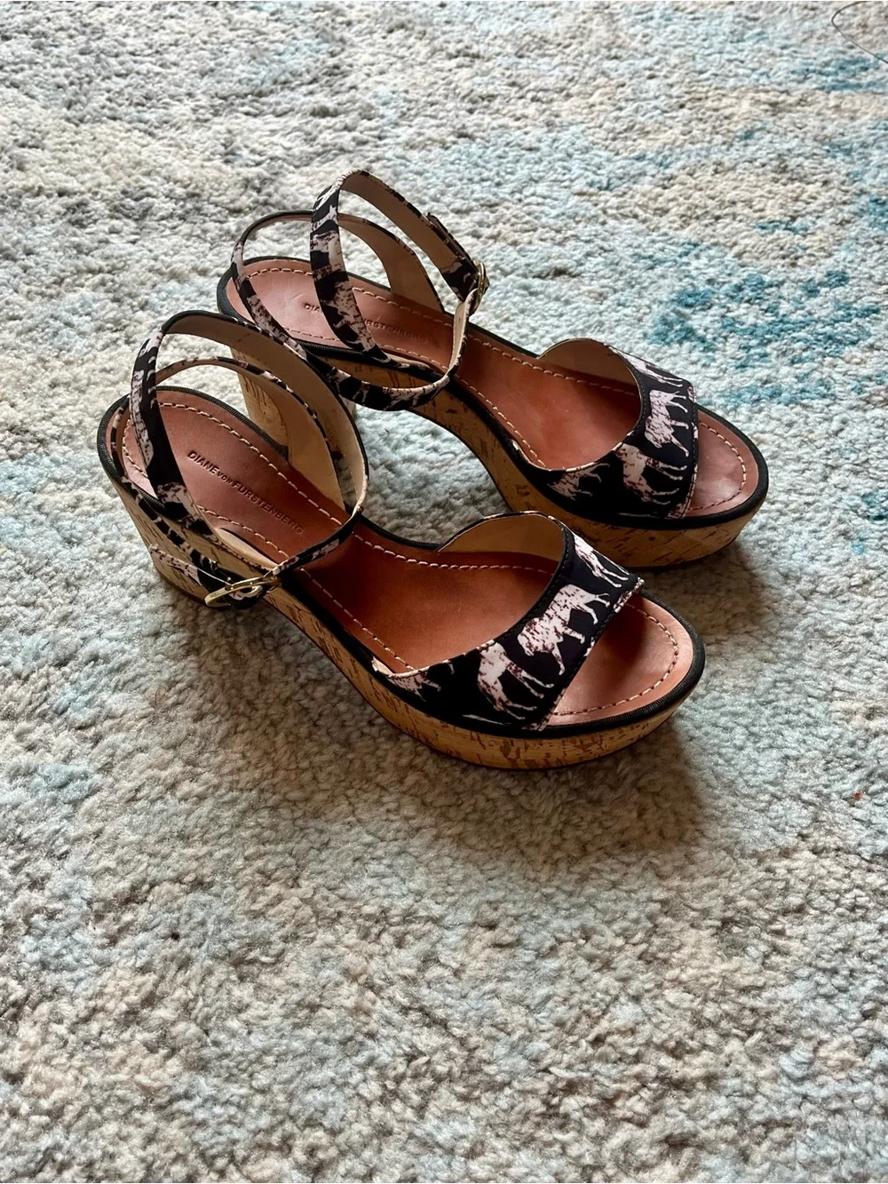 Diane Von Furstenberg Black Printed Cork Wedge Sandals
